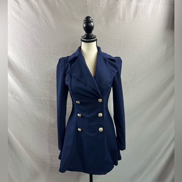 Notch Collar Double Breasted Blazer Dress Navy Blue* - Picture 6 of 8